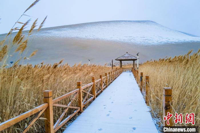 2021年11月28日，在敦煌鳴沙山月牙泉景區，沙雪交融，更顯北國風情?！⊥醣筱y 攝